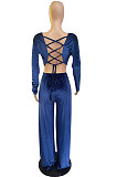 Green Sexy Velvet Ruffle V Neck Back Bandange Tops Wide Leg Pants Plain Suit LWW9328-1