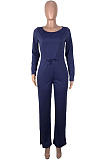Pink Cotton Blend Women's Long Sleeve Round Neck Plain Wide Leg Jumpsuits MMS5059-5