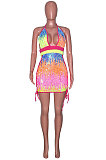 Rose Red Sexy Sequins Backless Contrast Color Condole Blet Bandage Deep V Collar Mini Dress SN390072-1