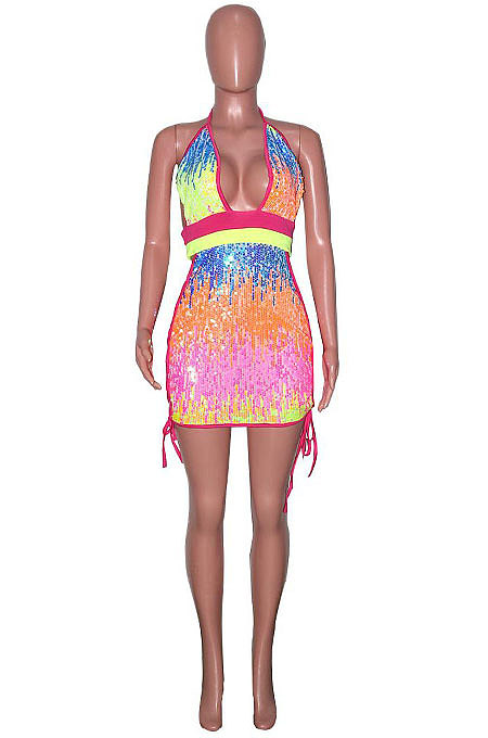 Rose Red Sexy Sequins Backless Contrast Color Condole Blet Bandage Deep V Collar Mini Dress SN390072-1