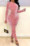 Pink Women's Velvet Zipper Long Sleeve Round Collar High Waist Bodycon Jumpsuits  SN390226 -3