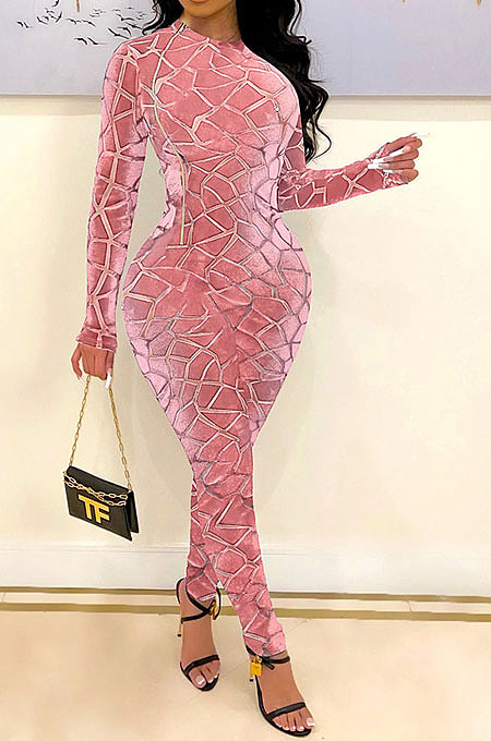 Pink Women's Velvet Zipper Long Sleeve Round Collar High Waist Bodycon Jumpsuits  SN390226 -3