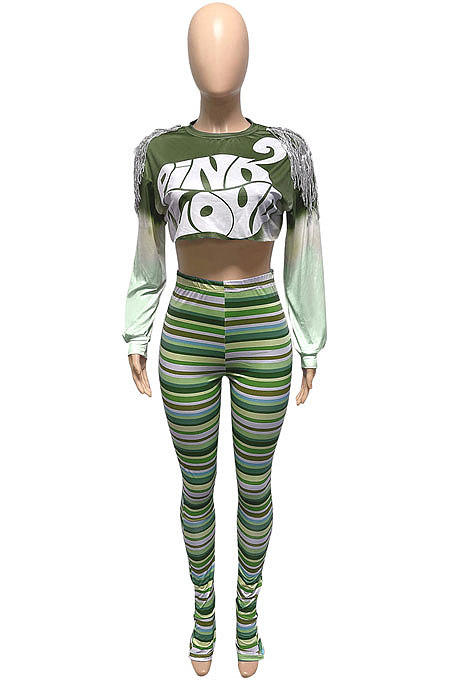 Pink Autumn Tie Dye Printing Tassel Sequins Dew Waist Top Bodycon Pants Sets Q986-1