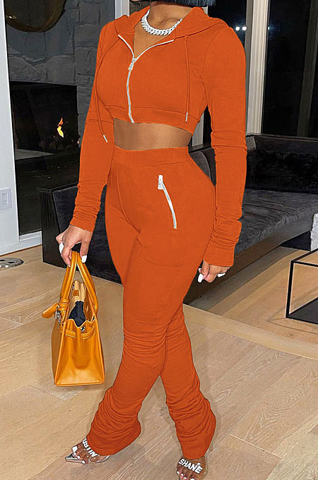 Orange Euramerican Velvet Hoodie Long Sleeve Zipper Pure Color Ruffle Pants Sets Q992-2