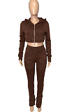 Red Euramerican Velvet Hoodie Long Sleeve Zipper Pure Color Ruffle Pants Sets Q992-3