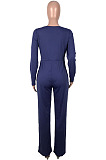 Wine Red Cotton Blend Women's Long Sleeve Round Neck Plain Wide Leg Jumpsuits MMS5059-1