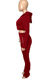 Red Euramerican Velvet Hoodie Long Sleeve Zipper Pure Color Ruffle Pants Sets Q992-3