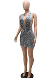 Gray Trendy Sexy V Collar Side Hollow Out Backless Halter Neck Sequins Zipper Mid Waist Mini Dress CCY9392-1