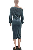 Pink Women's Velvet A Word Shoulder Solid Color Bodycon Midi Dress MF6660-2
