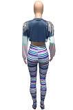 Blue Autumn Tie Dye Printing Tassel Sequins Dew Waist Top Bodycon Pants Sets Q986-3
