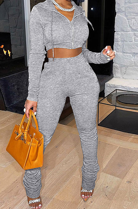 Gray Euramerican Velvet Hoodie Long Sleeve Zipper Pure Color Ruffle Pants Sets Q992-5
