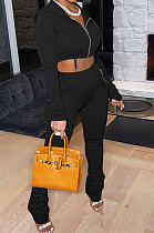 Black Euramerican Velvet Hoodie Long Sleeve Zipper Pure Color Ruffle Pants Sets Q992-4