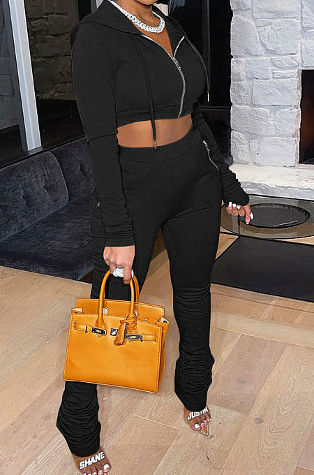 Black Euramerican Velvet Hoodie Long Sleeve Zipper Pure Color Ruffle Pants Sets Q992-4