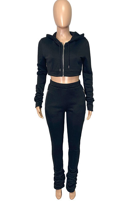 Pink Euramerican Velvet Hoodie Long Sleeve Zipper Pure Color Ruffle Pants Sets Q992-1