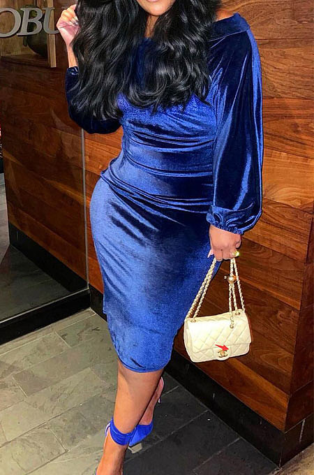 Royal Blue Women's Velvet A Word Shoulder Solid Color Bodycon Midi Dress MF6660-1