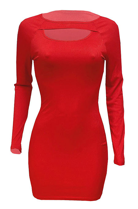 Red Women Autumn Long Sleeve Hollow Out Ribber Bodycon Mini Dress Q985-3