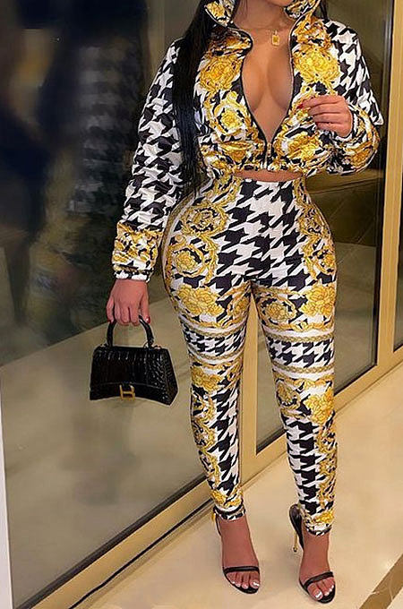 Black White Autumn Winter New Long Sleeve Jacket Trousers Down Coat Suit F88400-3