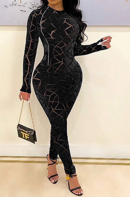 Pink Women's Velvet Zipper Long Sleeve Round Collar High Waist Bodycon Jumpsuits  SN390226 -3