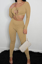 Khaki Sexy Women's Long Sleeve Lace-Up Crop Tops Skinny Pants Solid Color Suit LWW9325-1
