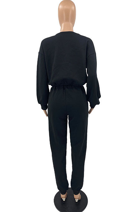 Blue Casual Preppy Long Sleeve V Neck Bandage Tops Jogger Pants Solid Color Suit SYY8072-3