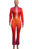 White Green Gradient Casual Stand Collar Side Stripe Spliced Long Sleeve Pants Sets SN390205-3