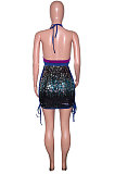 Rose Red Sexy Sequins Backless Contrast Color Condole Blet Bandage Deep V Collar Mini Dress SN390072-1