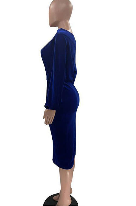 Black Women's Velvet A Word Shoulder Solid Color Bodycon Midi Dress MF6660-5