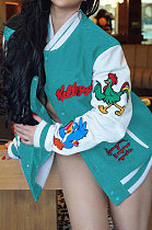 Lake Blue Casual New Design Printed Long Sleeve Ribber Jacket F88401-2
