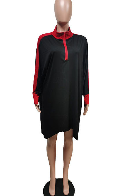 Black Preppy Matching Color Batwing Sleeve Loose Dress F88399-2