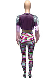 Blue Autumn Tie Dye Printing Tassel Sequins Dew Waist Top Bodycon Pants Sets Q986-3