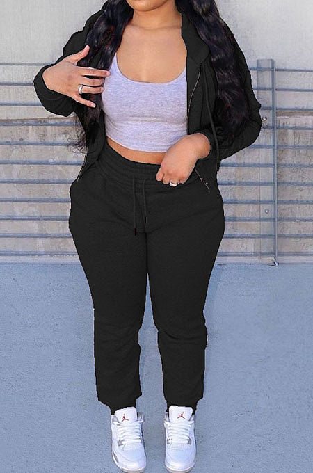 Black Preppy New Long Sleeve Zipper Velvet Hoodie Jogger Pants Sports Suit SM9217-1