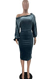 Royal Blue Women's Velvet A Word Shoulder Solid Color Bodycon Midi Dress MF6660-1