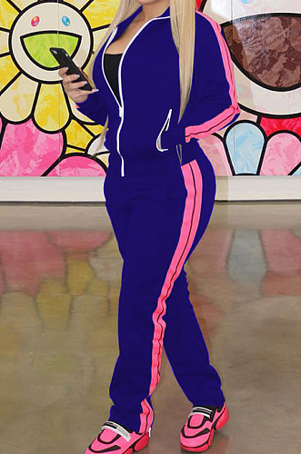 Royal Blue Wholesale New Spliced Zipper Long Sleeve Coat Trousers Sport Sets SM9219-1
