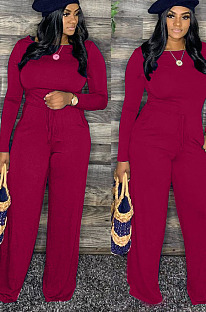 Rose Red Cotton Blend Women's Long Sleeve Round Neck Plain Wide Leg Jumpsuits MMS5059-2