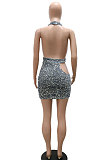 Gray Trendy Sexy V Collar Side Hollow Out Backless Halter Neck Sequins Zipper Mid Waist Mini Dress CCY9392-1
