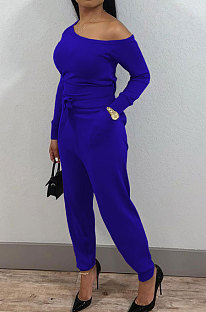 Royal Blue Modest Hypotenuse Neckline With Beltband Collect Waist Solid Color Jumpsuits SM9218-3