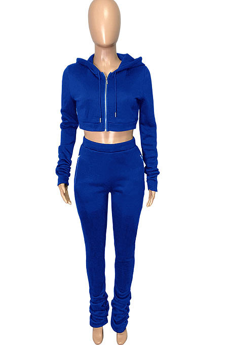 Pink Euramerican Velvet Hoodie Long Sleeve Zipper Pure Color Ruffle Pants Sets Q992-1