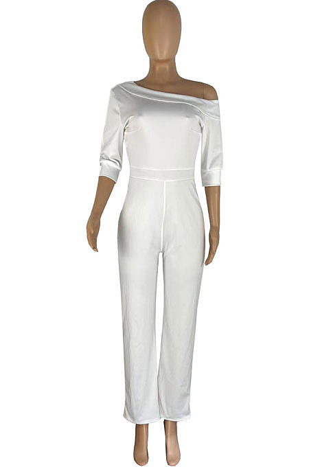 Black Modest Simple Pure Color Oblique Shoulder Wide Leg Jumpsuits LWW9327-1