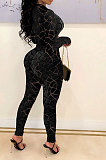 Black Women's Velvet Zipper Long Sleeve Round Collar High Waist Bodycon Jumpsuits  SN390226 -1