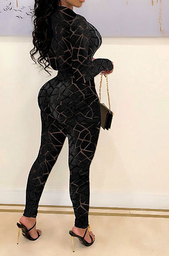 Black Women's Velvet Zipper Long Sleeve Round Collar High Waist Bodycon Jumpsuits  SN390226 -1