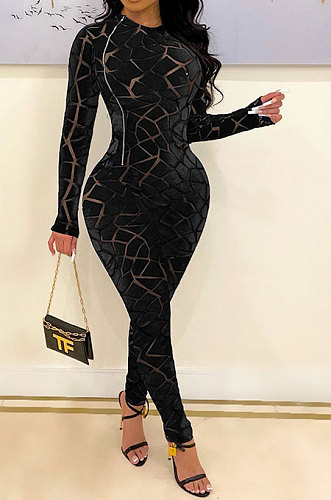 Black Women's Velvet Zipper Long Sleeve Round Collar High Waist Bodycon Jumpsuits  SN390226 -1