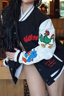 Black Casual New Design Printed Long Sleeve Ribber Jacket F88401-1