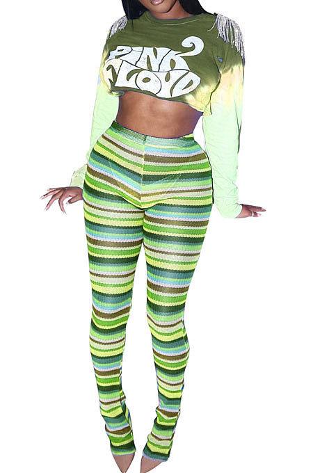 Green Autumn Tie Dye Printing Tassel Sequins Dew Waist Top Bodycon Pants Sets Q986-2