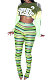 Green Autumn Tie Dye Printing Tassel Sequins Dew Waist Top Bodycon Pants Sets Q986-2