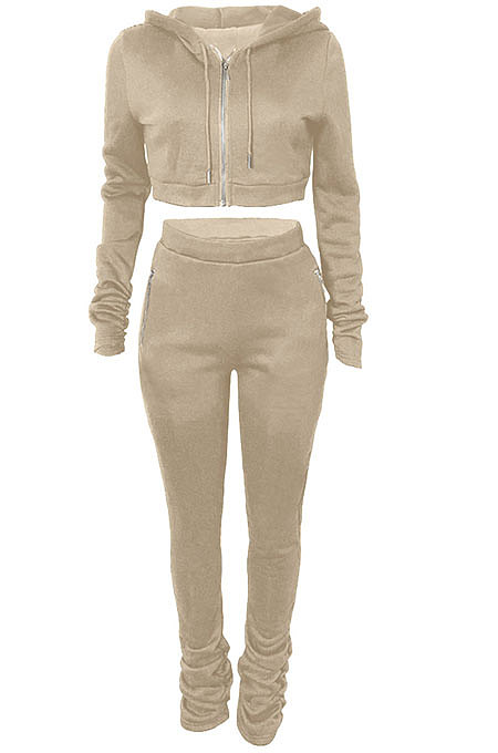 Pink Euramerican Velvet Hoodie Long Sleeve Zipper Pure Color Ruffle Pants Sets Q992-1