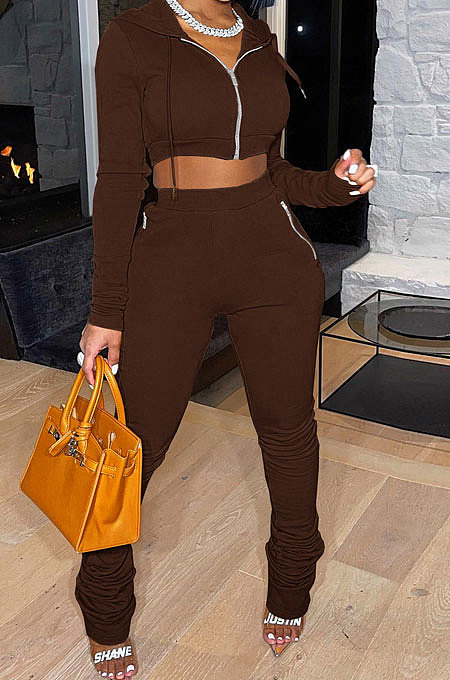 Brown Euramerican Velvet Hoodie Long Sleeve Zipper Pure Color Ruffle Pants Sets Q992-8