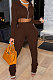 Brown Euramerican Velvet Hoodie Long Sleeve Zipper Pure Color Ruffle Pants Sets Q992-8
