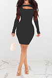 Red Women Autumn Long Sleeve Hollow Out Ribber Bodycon Mini Dress Q985-3