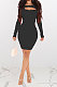 Black Women Autumn Long Sleeve Hollow Out Ribber Bodycon Mini Dress Q985-4