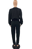 Grey Casual Preppy Long Sleeve V Neck Bandage Tops Jogger Pants Solid Color Suit SYY8072-1